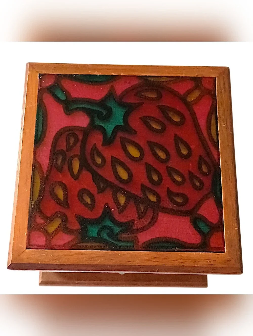 Vintage‎ Strawberry Coaster Set Foiled Art Top Wood Cork Set Of 8 70s Farmhouse
